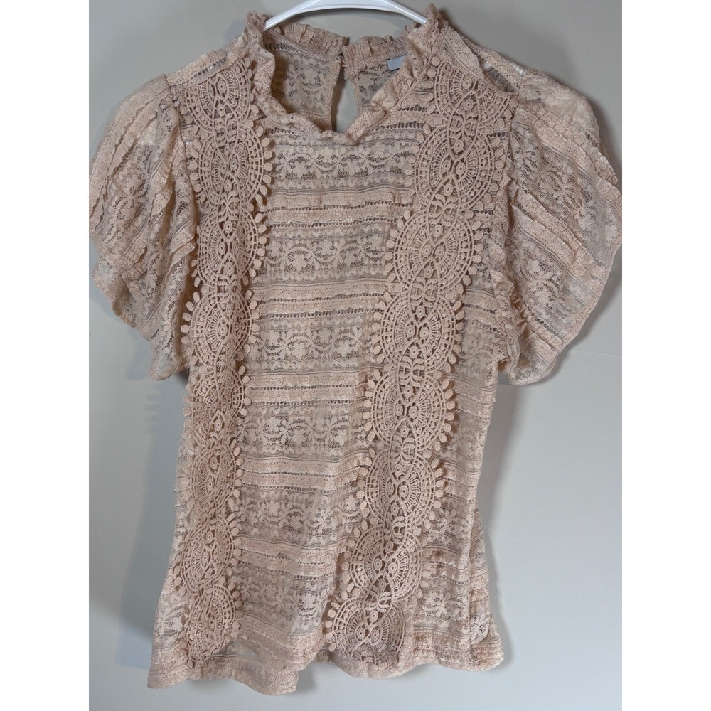 Blashe Women Blush Pink Sheer Lace Flutter Sleeve Ruffle Neck Blouse Medium NEW